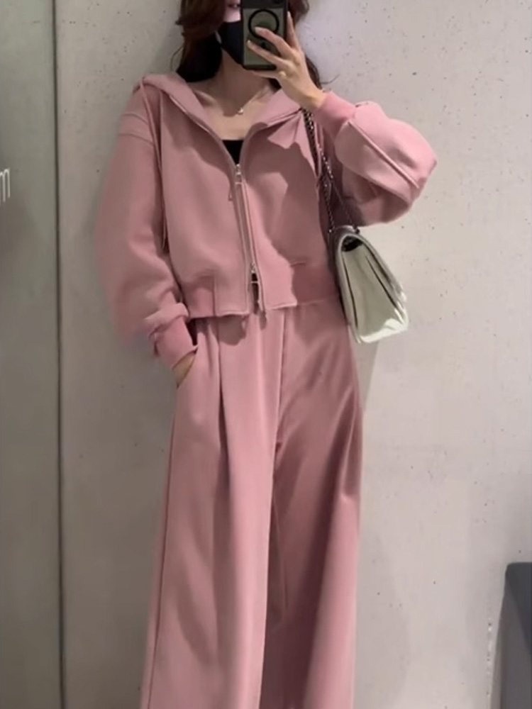 빅사이즈 크롭 트레이닝세트 투피스셋업 후드 집업 맨투맨 와이드팬츠 뱃살커버 투피스 세트 이미지 7