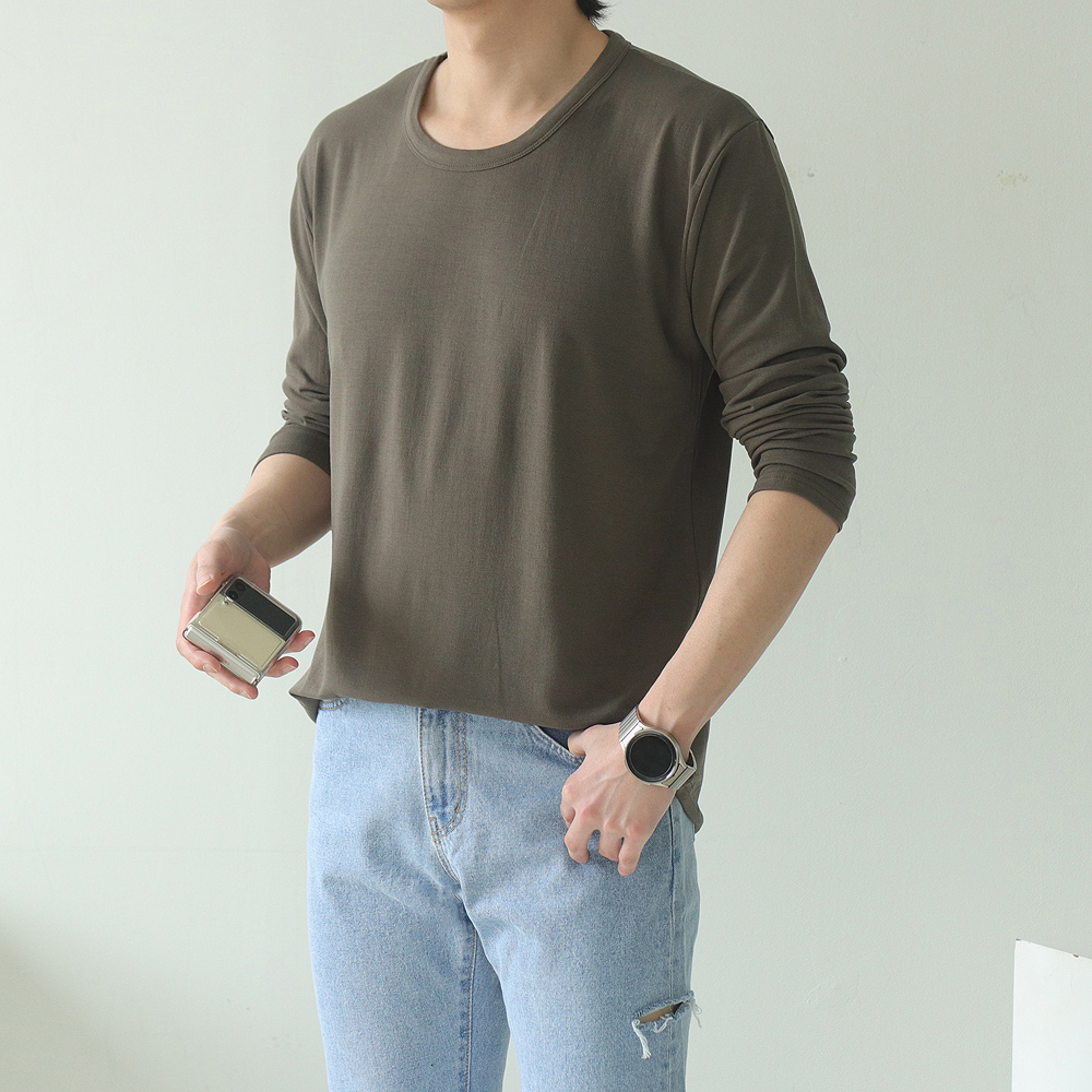 남자 긴팔 흰티 레이어드 유넥 티셔츠 - 상세 이미지 4
