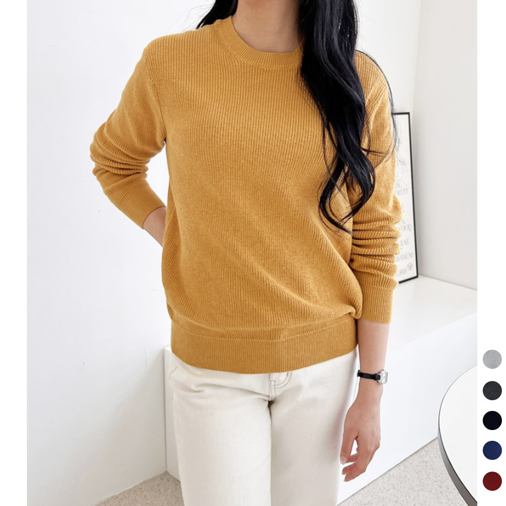 겨자색니트 얇은 골지 레이어드 여성 라운드넥 이너 니트