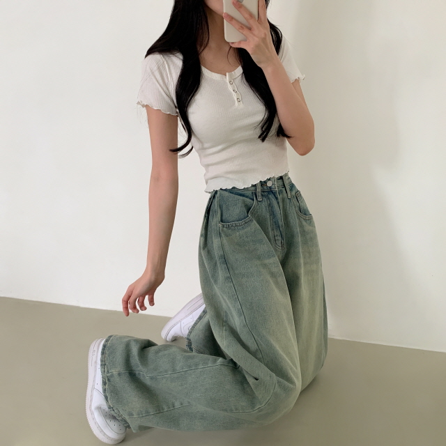 [숏&롱/하체커버!] 솔리 트리드 옆핀턱 청바지 벌룬핏 워싱 폴딩 와이드 봄 데님 팬츠 상세 이미지 21