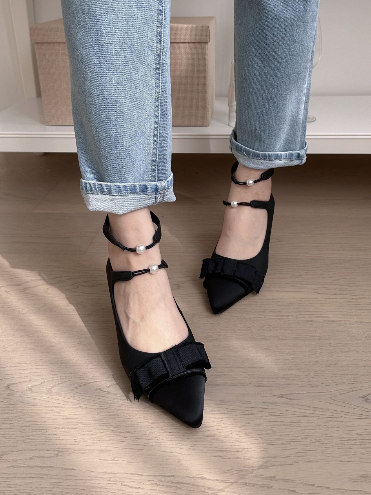 진주리본 미들힐 [Handmade shoes] - 상품 이미지