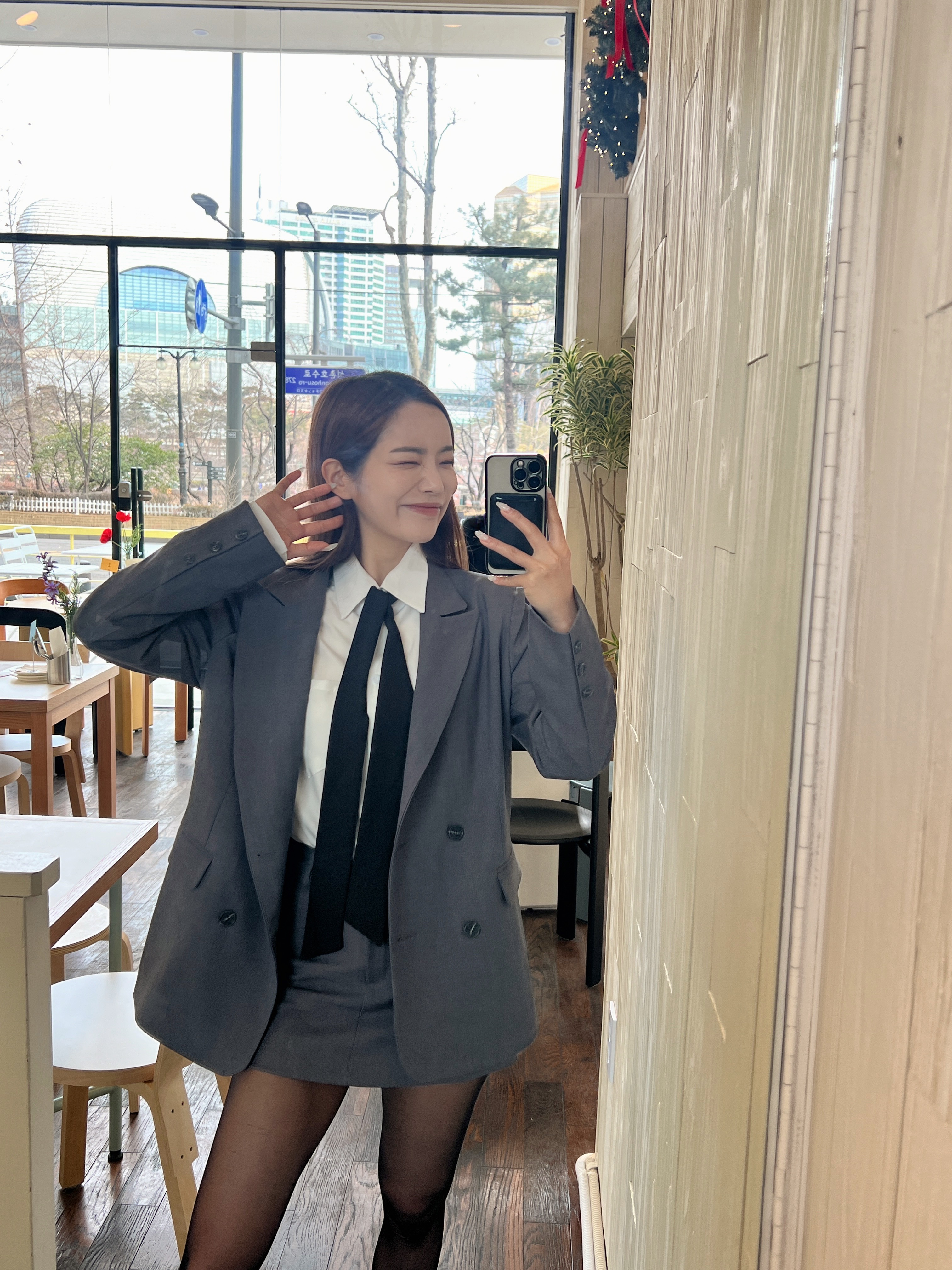 브리 하객룩 오버핏 박시 봄자켓 미니스커트 정장 투피스 (그레이/블랙) 이미지 6