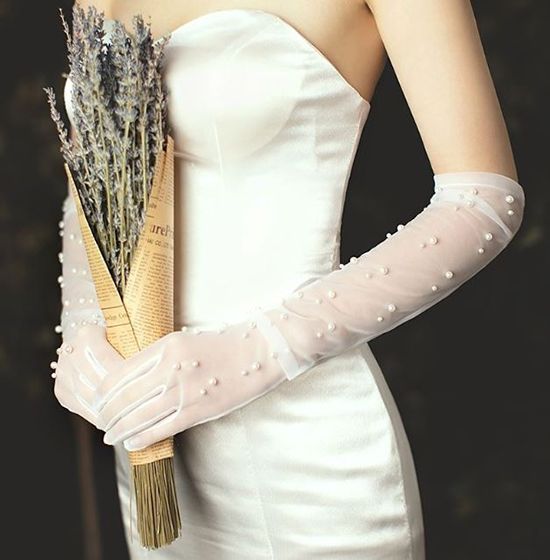 [2size]쉬폰 진주 웨딩장갑 55cm 화이트 - 상세 이미지 5