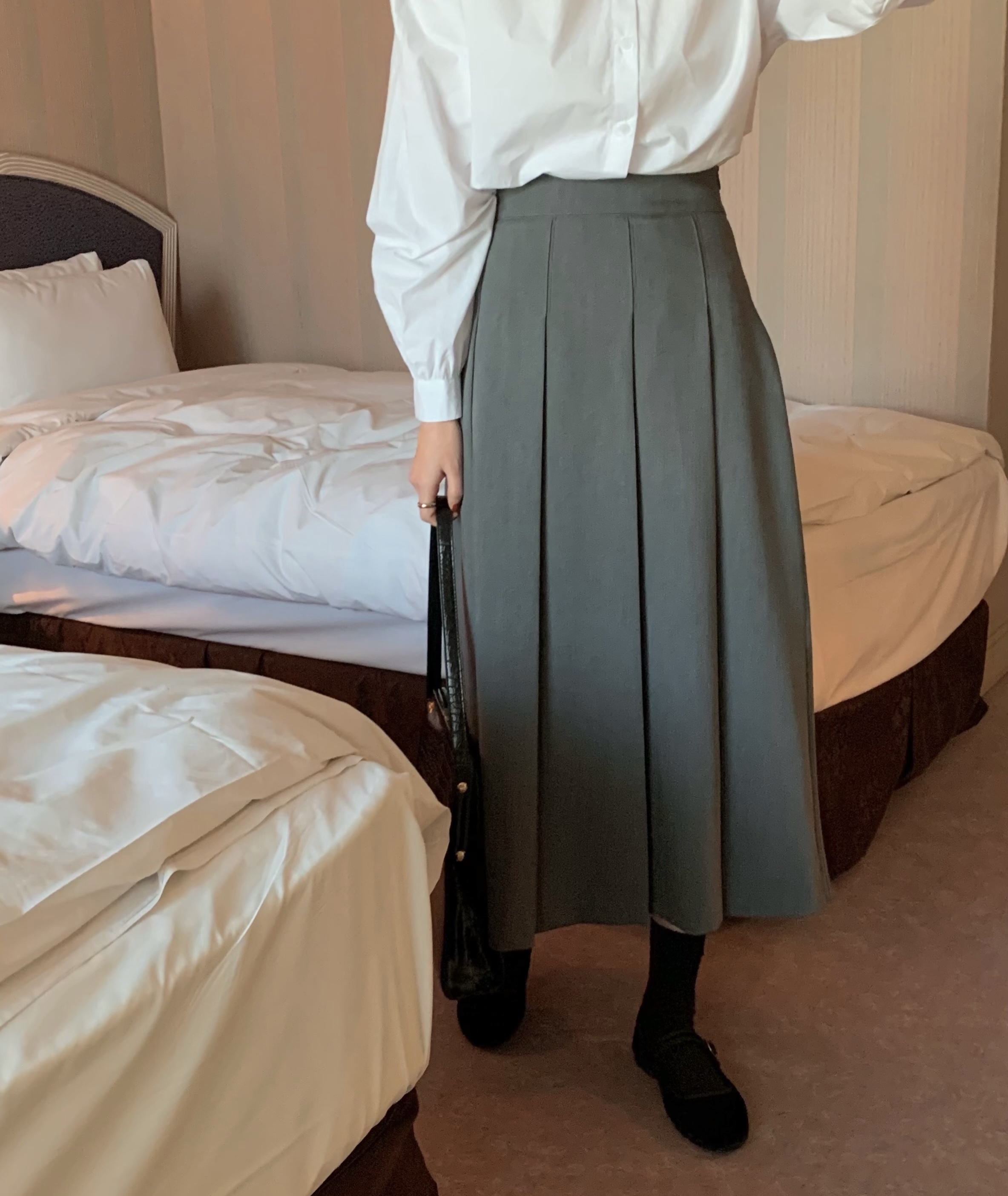 아티 핀턱 여성 하이웨스트 무지 정장 A라인 플레어 플리츠 핀턱 주름 롱 스커트