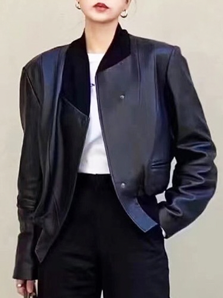 나비올라 스몰 스탠딩 양가죽 크롭 숏 레더 자켓 - 상품 이미지