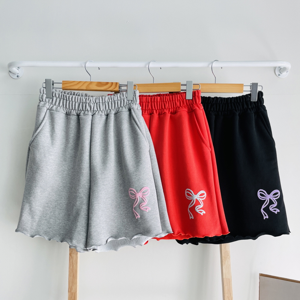 여성 면반바지 4부 밴딩숏팬츠 리본 쭈리 반바지 - 상품 이미지