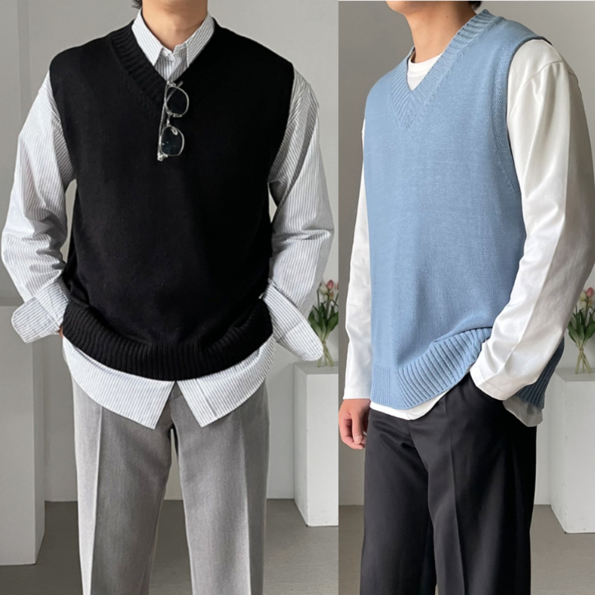 1+1 남자 젠크스 오버핏 봄 가을 브이넥 니트 조끼 10컬러