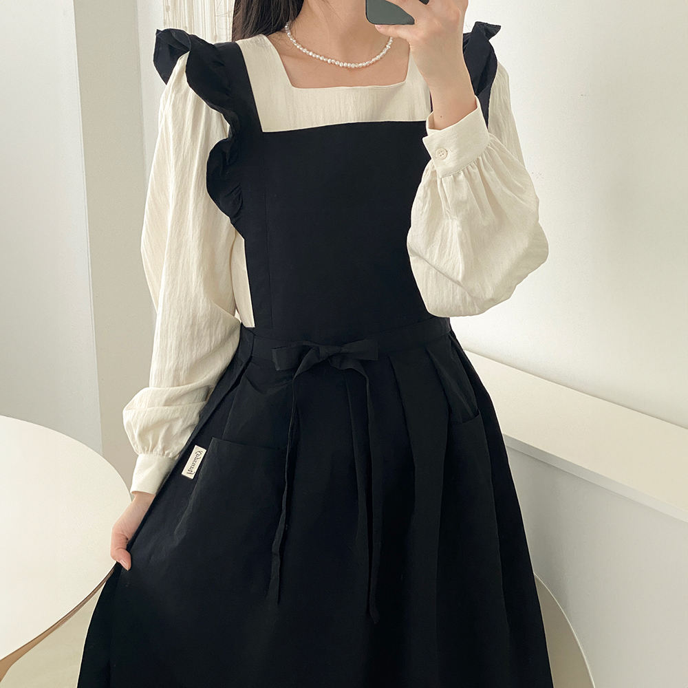 한스데이 프릴 단아한 방수 앞치마 네일샵 왁싱샵 플로리스트 원피스 자수 에이프런