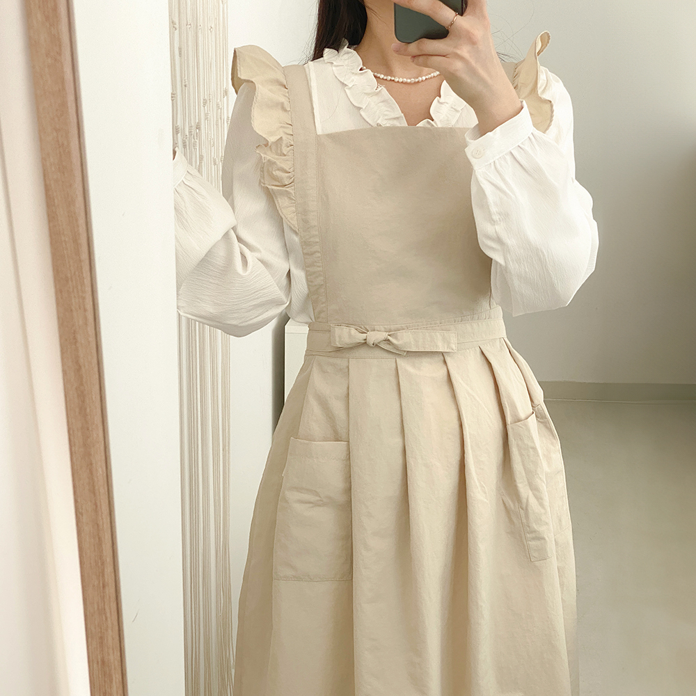 한스데이 프릴 단아한 방수 앞치마 네일샵 왁싱샵 플로리스트 원피스 자수 에이프런