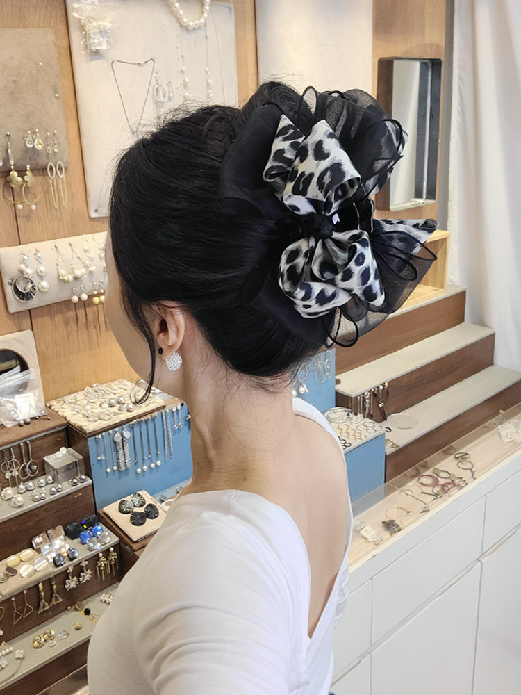 루루핀 시스루 위 블랙 브라운톤 호피 레오파드 꼬임 올림머리 볼륨 리본 집게핀 - 상품 이미지