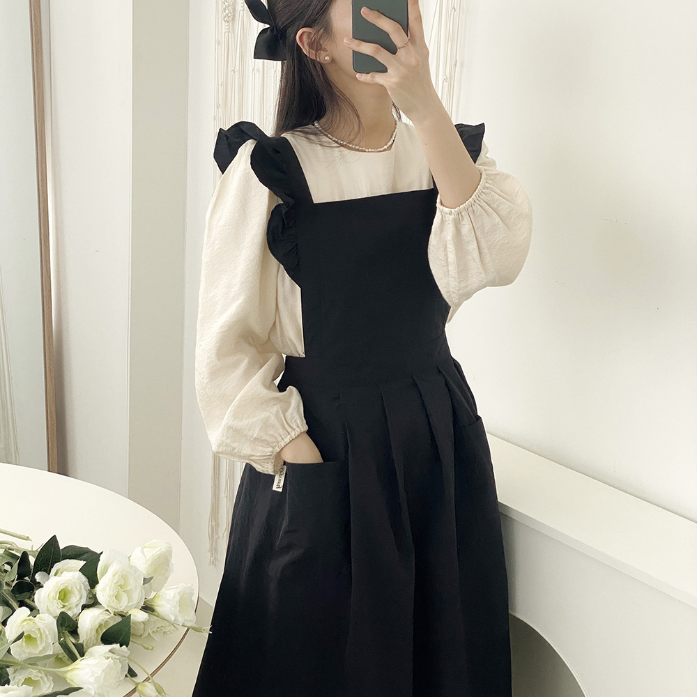 한스데이 프릴 단아한 방수 앞치마 네일샵 왁싱샵 플로리스트 원피스 자수 에이프런