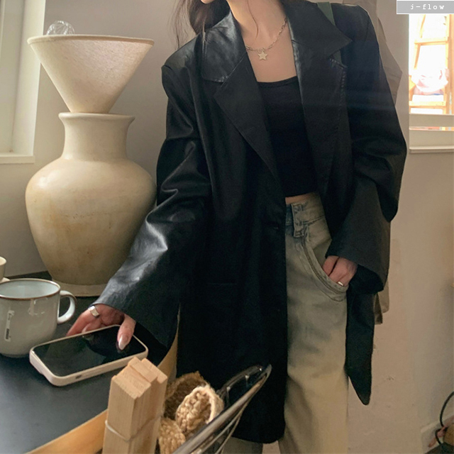 코트 PU가죽 오버핏 롱 하프 카라넥 자켓 2col 봄 가을 박시 싱글 루즈핏 제이플로우 - 상품 이미지