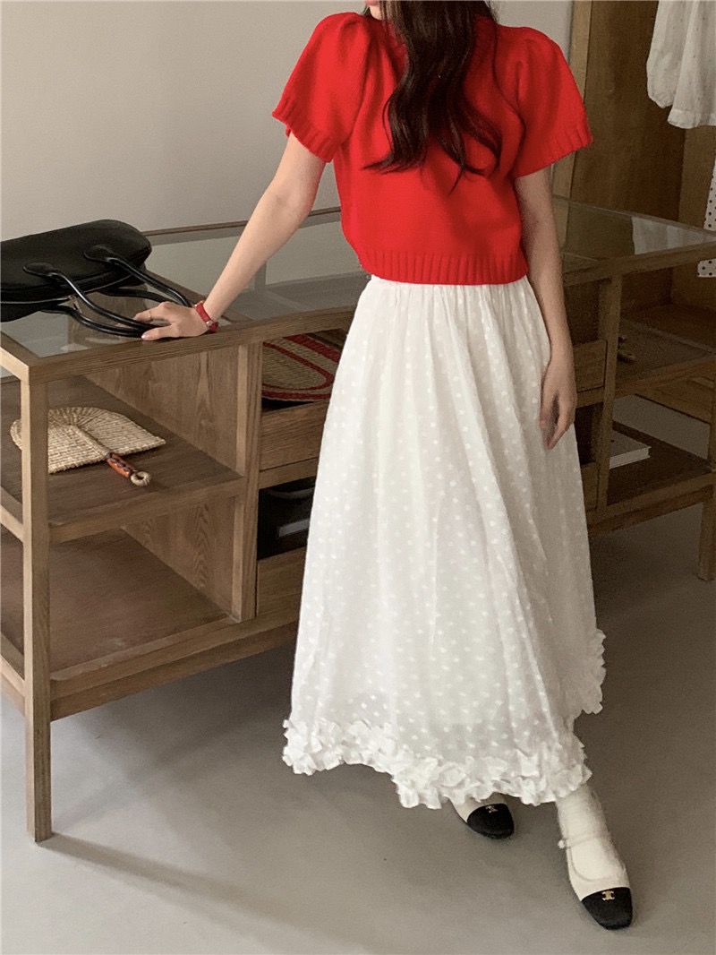네스 쉬폰 도트 프릴 레이스 허리밴딩 쉬폰 플레어 A라인 롱 스커트 치마