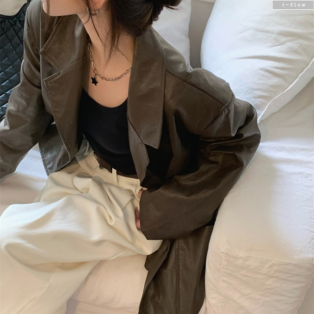 코트 PU가죽 오버핏 롱 하프 카라넥 자켓 2col 봄 가을 박시 싱글 루즈핏 제이플로우 - 상세 이미지 5