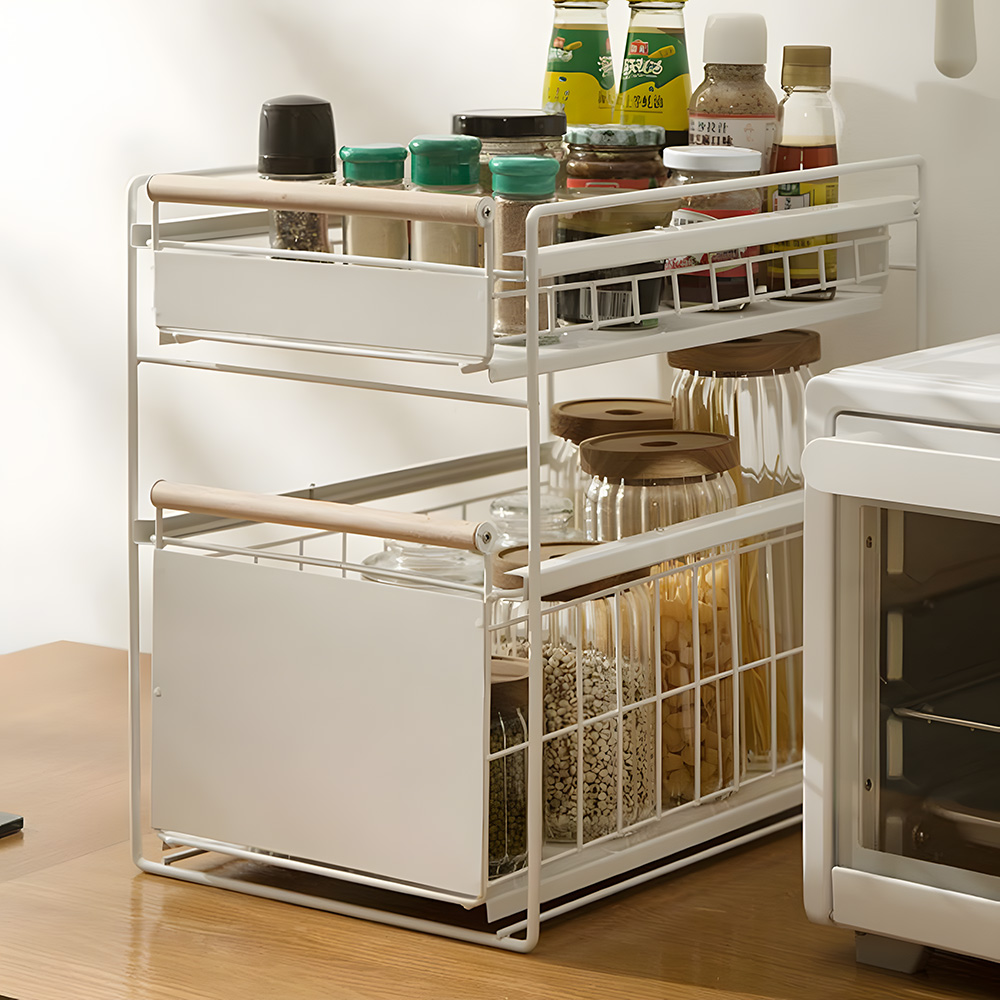 철제 슬라이딩선반 싱크대 하부장 정리 양념통 그릇 컵 레일선반 슬림 2단