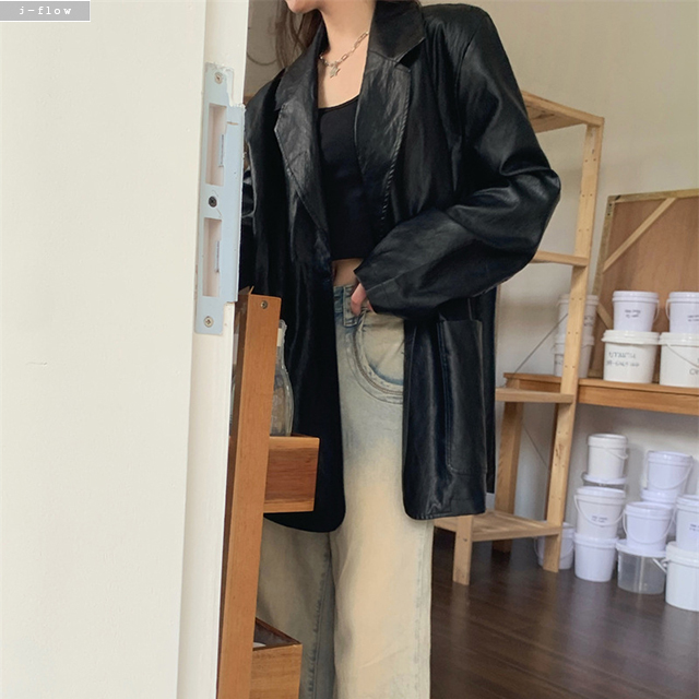 코트 PU가죽 오버핏 롱 하프 카라넥 자켓 2col 봄 가을 박시 싱글 루즈핏 제이플로우 이미지 7