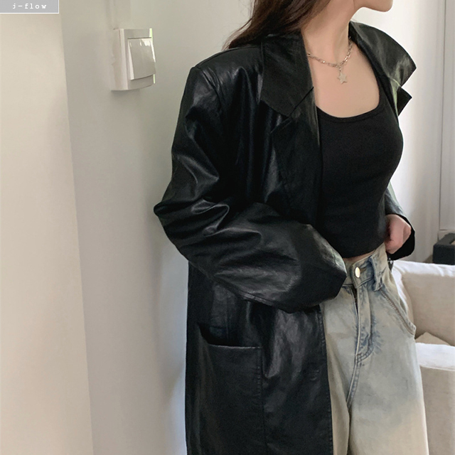 코트 PU가죽 오버핏 롱 하프 카라넥 자켓 2col 봄 가을 박시 싱글 루즈핏 제이플로우 - 상세 이미지 4
