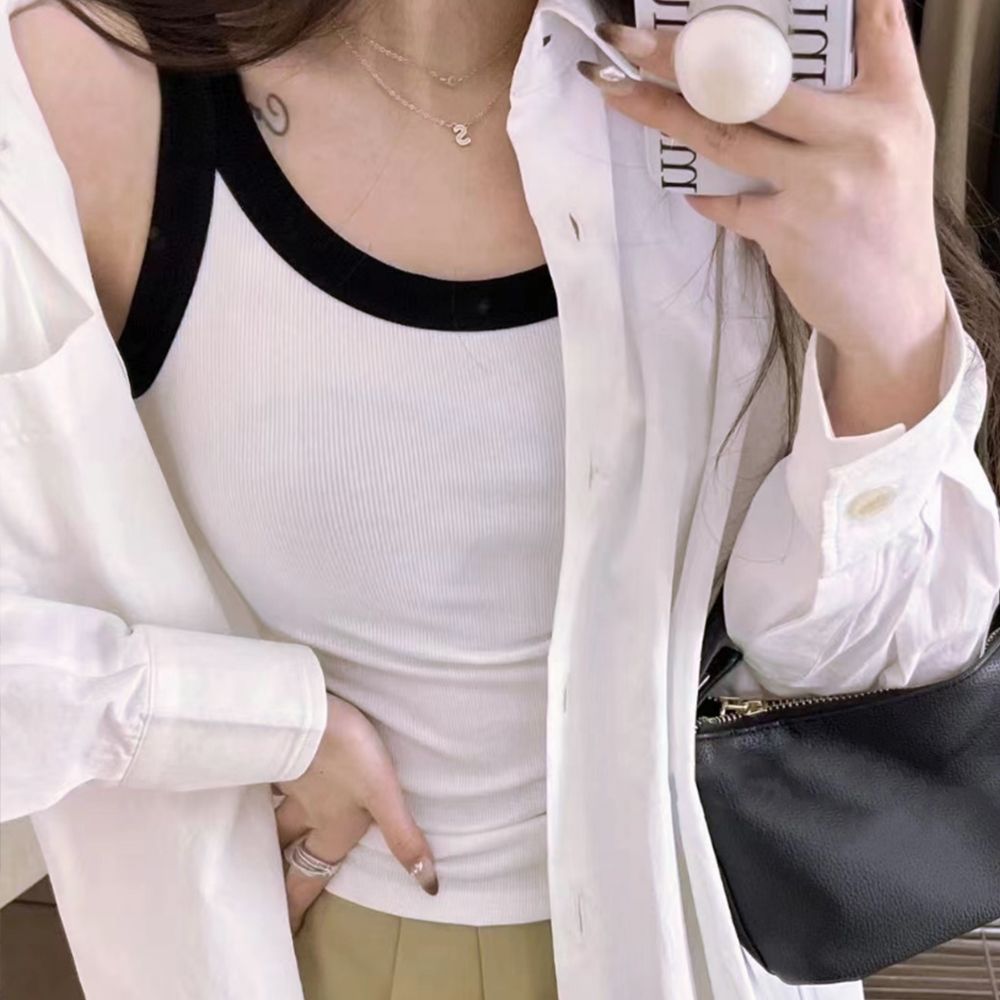 1+1 하나로 착용하는 여성 노와이어 투톤골지브라탑 라운드넥 여자 런닝 슬리브리스 - 상세 이미지 3