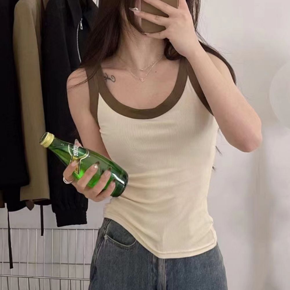 1+1 하나로 착용하는 여성 노와이어 투톤골지브라탑 라운드넥 여자 런닝 슬리브리스 - 상세 이미지 4