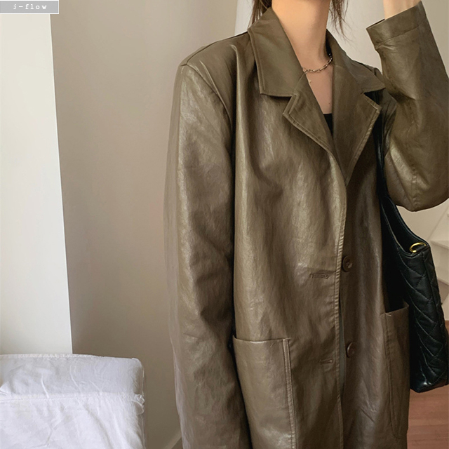 코트 PU가죽 오버핏 롱 하프 카라넥 자켓 2col 봄 가을 박시 싱글 루즈핏 제이플로우 - 상세 이미지 2