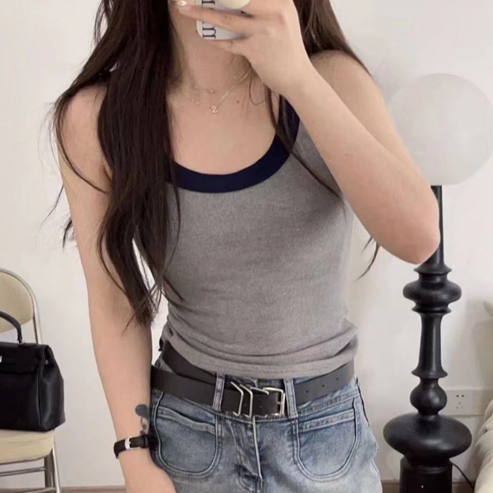 1+1 하나로 착용하는 여성 노와이어 투톤골지브라탑 라운드넥 여자 런닝 슬리브리스 이미지 6
