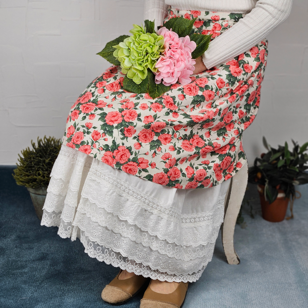 [허리앞치마] 린넨 방수 카페 공방 하프에이프런 플라워로즈 홈수니