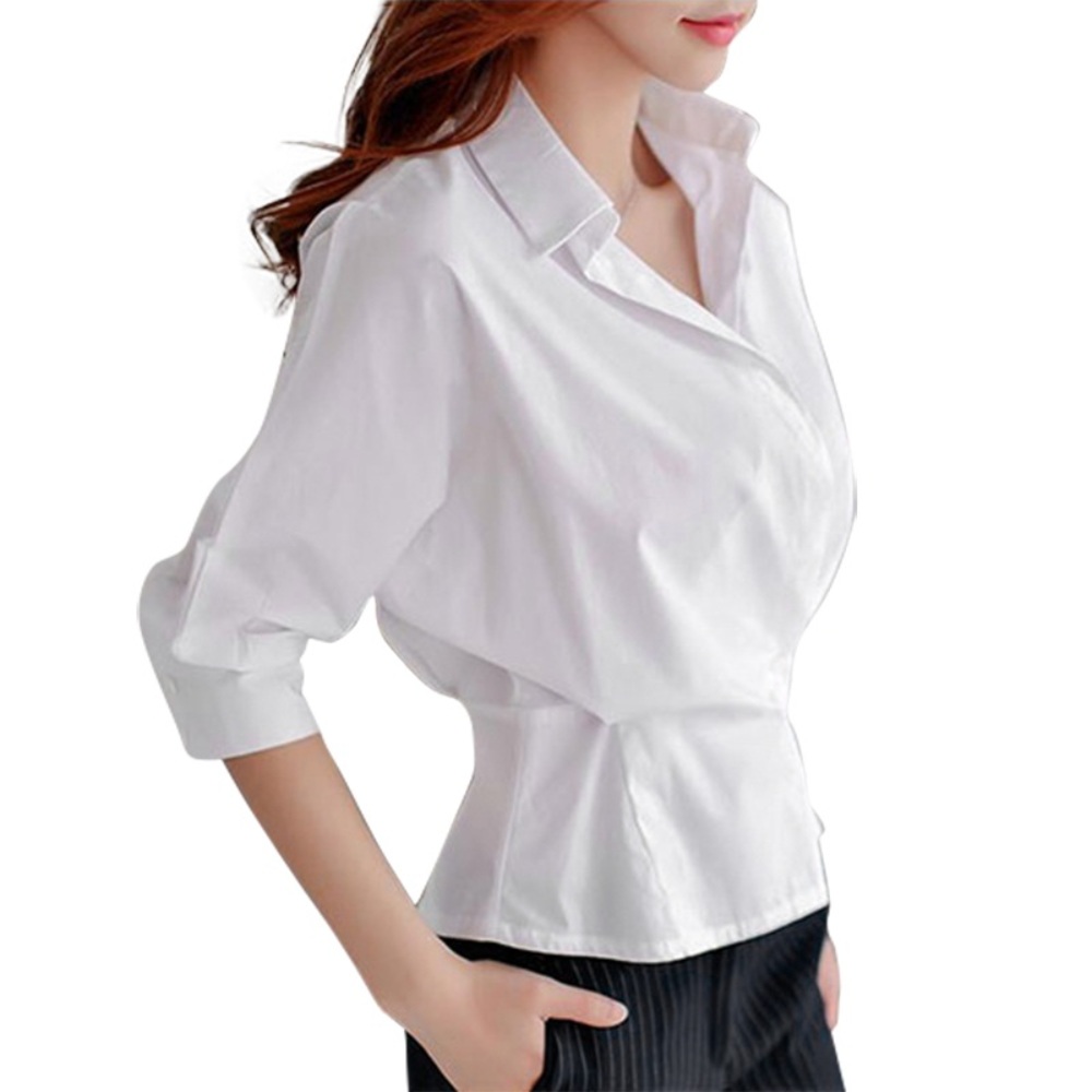 화이트 오피스룩 셔츠 언발란스 랩 짧은 블라우스 캐주얼 패션 세미 정장 우아한 - 상세 이미지 5