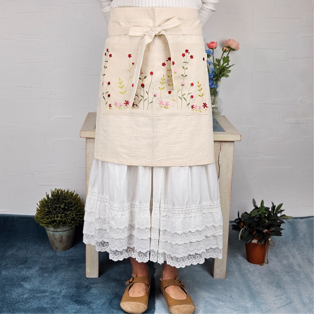 [허리앞치마] 카페 공방 허리 에이프런 광목 자수앞치마 들꽃 홈수니
