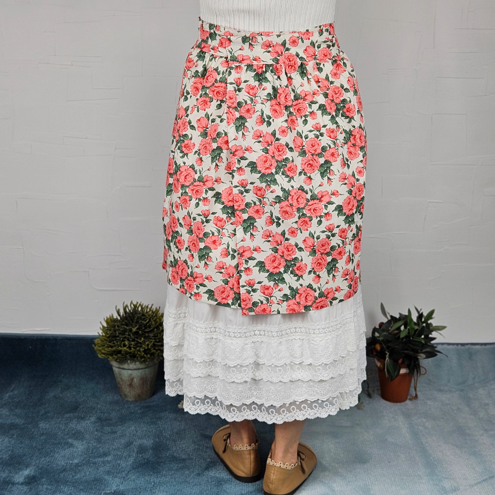 [허리앞치마] 린넨 방수 카페 공방 하프에이프런 플라워로즈 홈수니