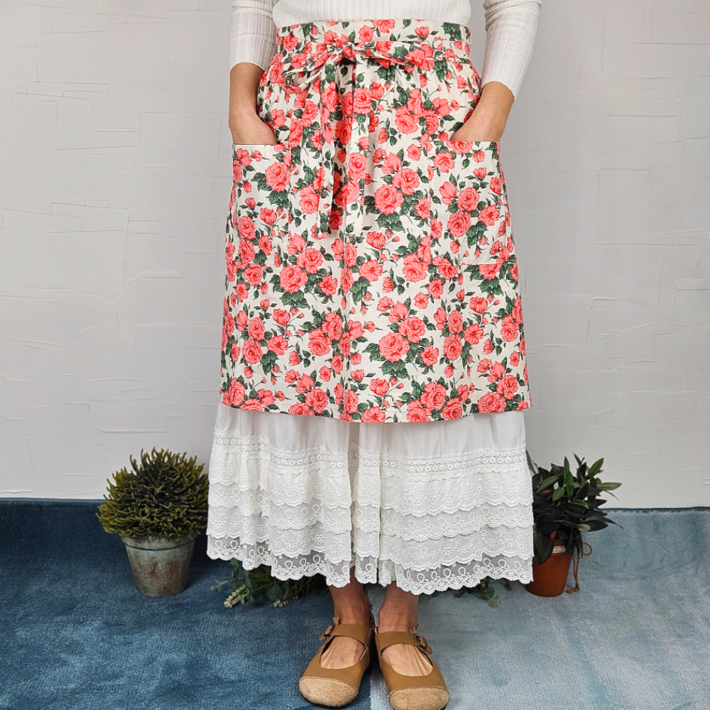 [허리앞치마] 린넨 방수 카페 공방 하프에이프런 플라워로즈 홈수니