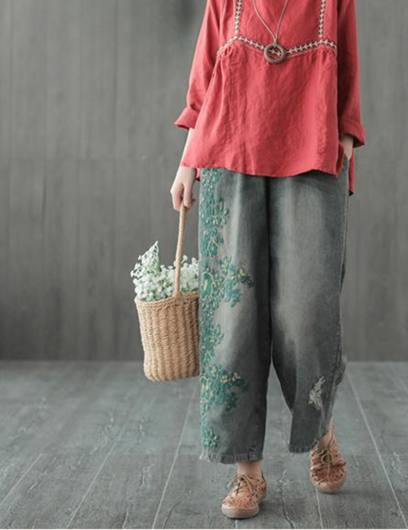 포인트 자수 데님팬츠 올밴딩 일자 통 바지 - 상품 이미지