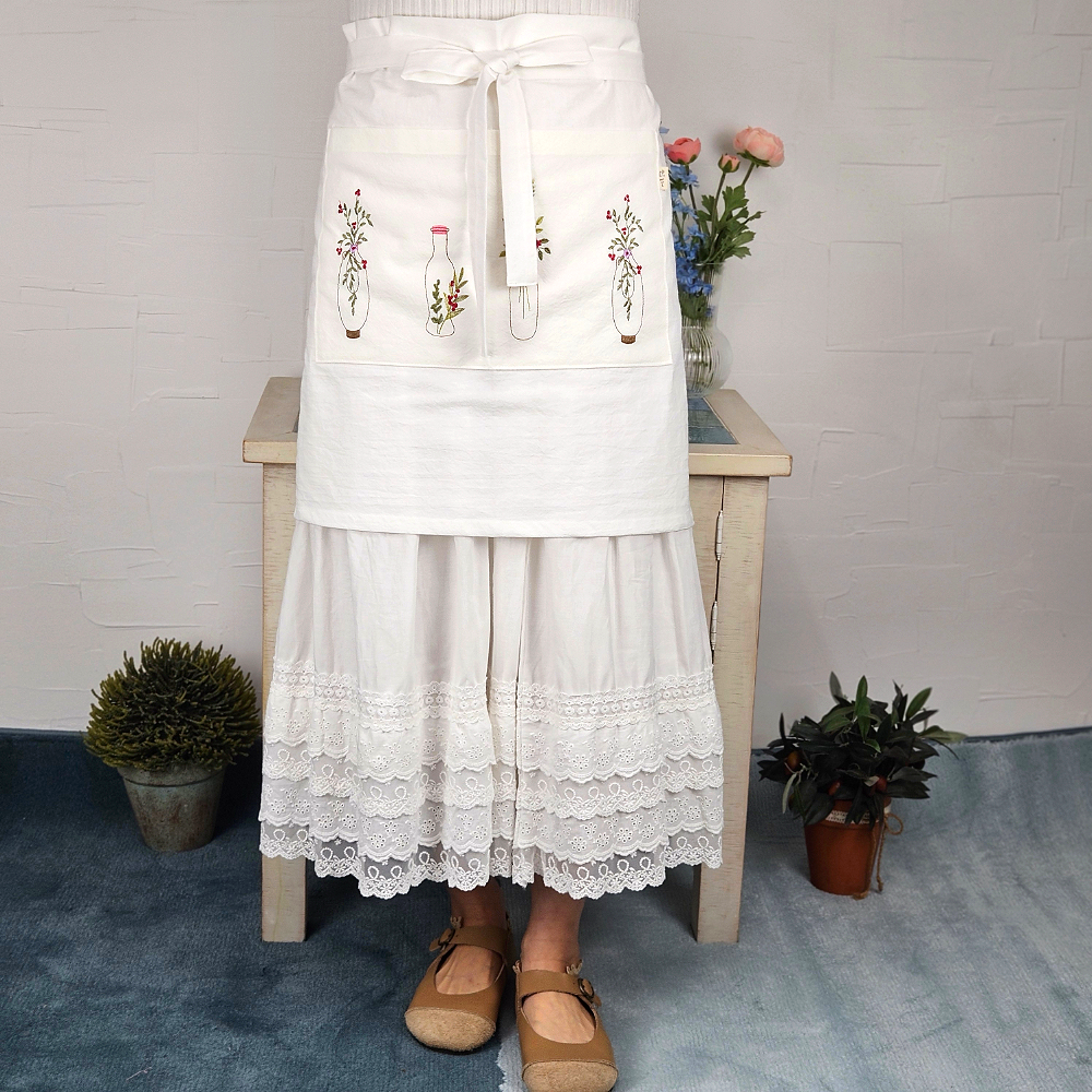 [허리앞치마] 카페 공방 허리 에이프런 광목 자수앞치마 화병 홈수니