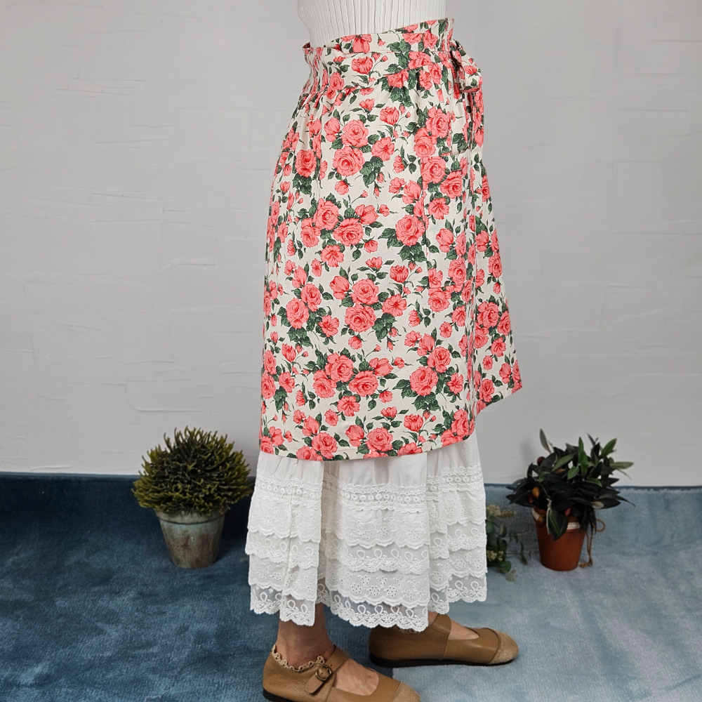 [허리앞치마] 린넨 방수 카페 공방 하프에이프런 플라워로즈 홈수니