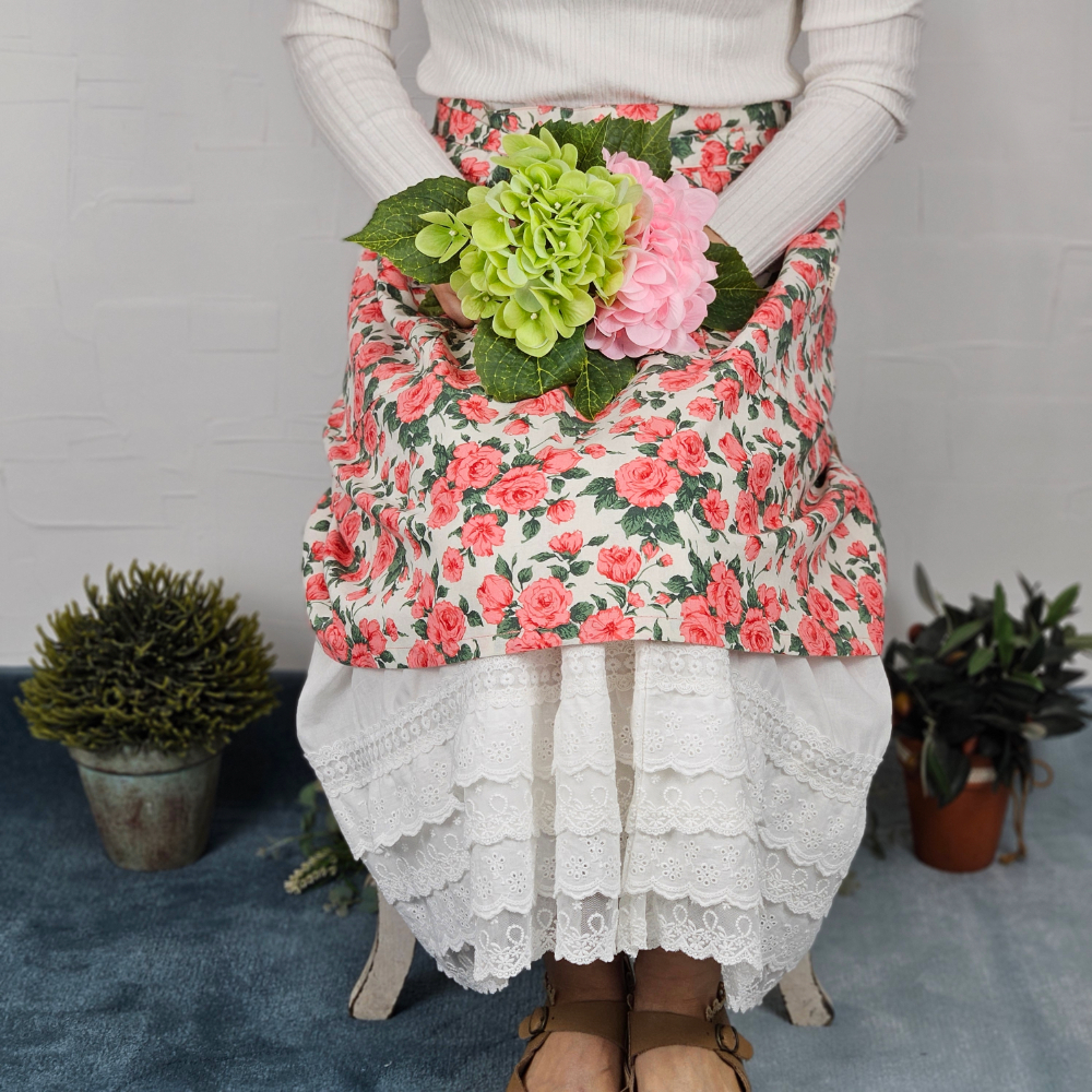 [허리앞치마] 린넨 방수 카페 공방 하프에이프런 플라워로즈 홈수니