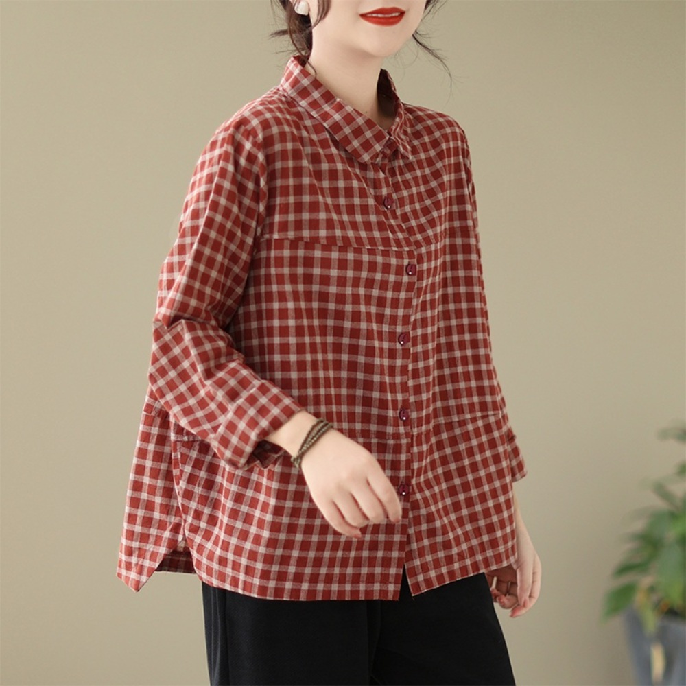 체크 무늬 남방 셔츠 엄마 중년 여성 할머니 루즈핏 예쁜 디자인 - 상세 이미지 4