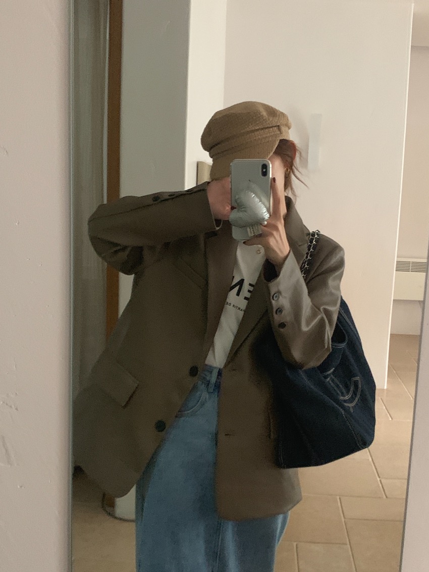 윈디 간절기 봄 루즈핏 카라넥 여성 하프 포켓 가죽 레더 싱글 자켓 - 상세 이미지 3