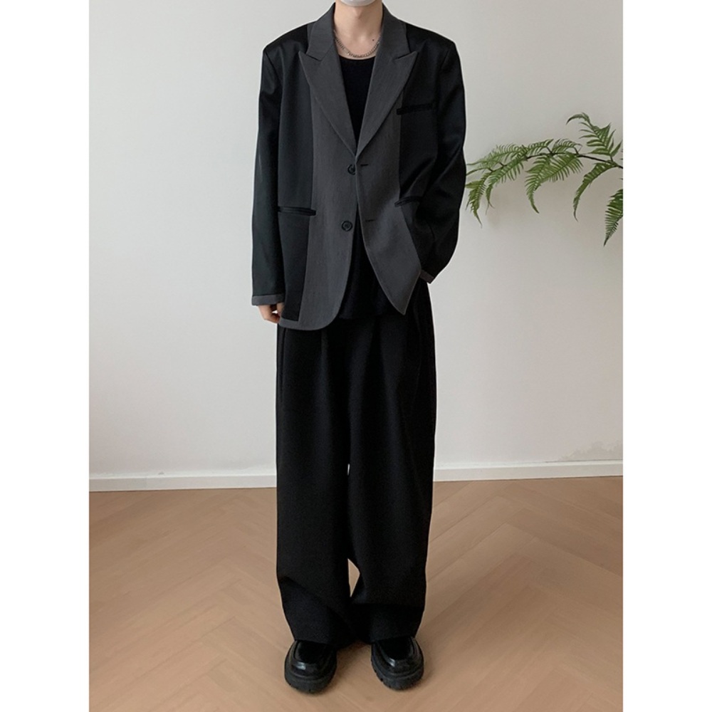 남자 유니크 그레이 블랙 배색 블레이저 루즈핏 자켓 캐주얼 정장 클래식 심플 무드 감성 - 상세 이미지 4