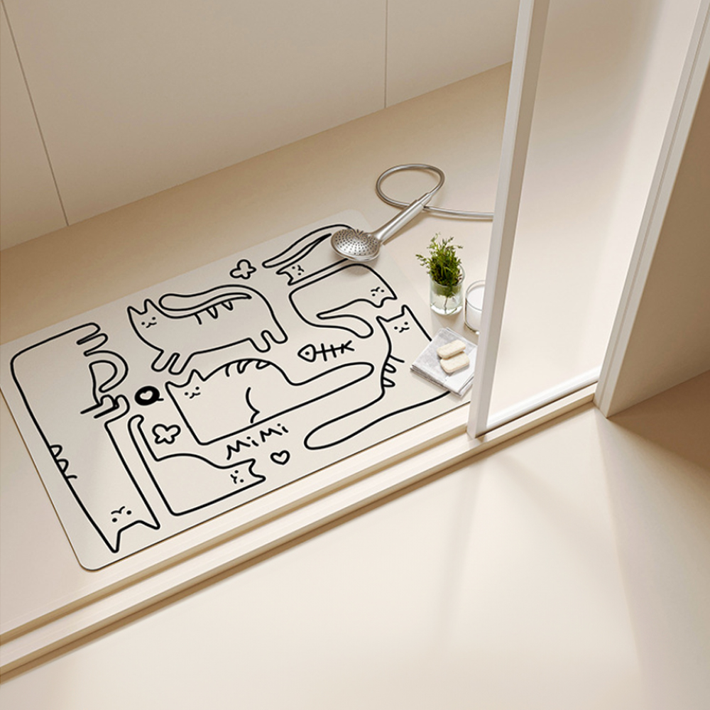 이즈코리아 블랙미미 왁자지껄 고양이 그래픽 규조토 발매트 빨아쓰는 고무발매트