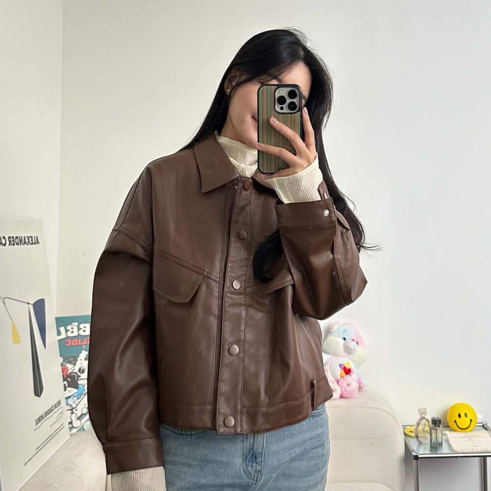 오버핏 여성라이더자켓 봄 가을 간절기 인조가죽 싱글 카라 레더 룩킵 2color - 상품 이미지