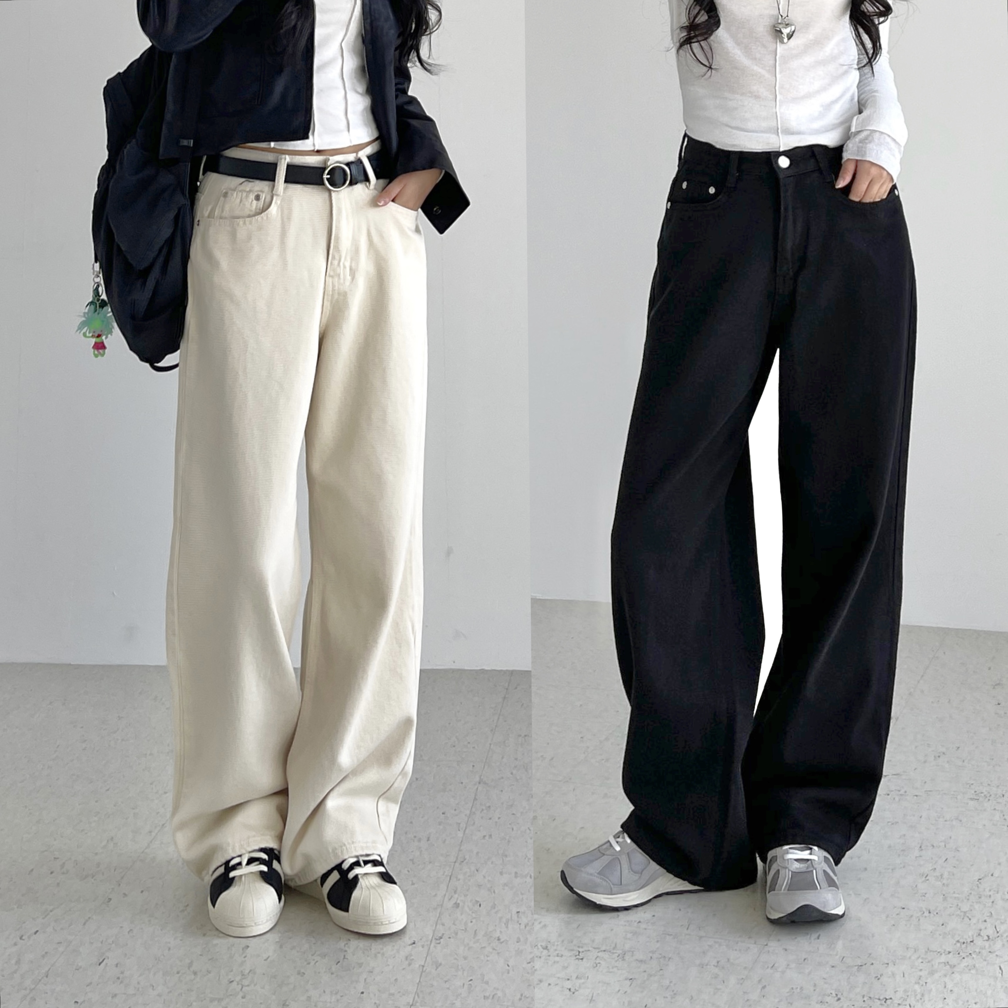 여성 와이드팬츠 크림색 블랙 봄 가을 여자 일자 면 코튼 통 면바지 아이보리 아우라진스