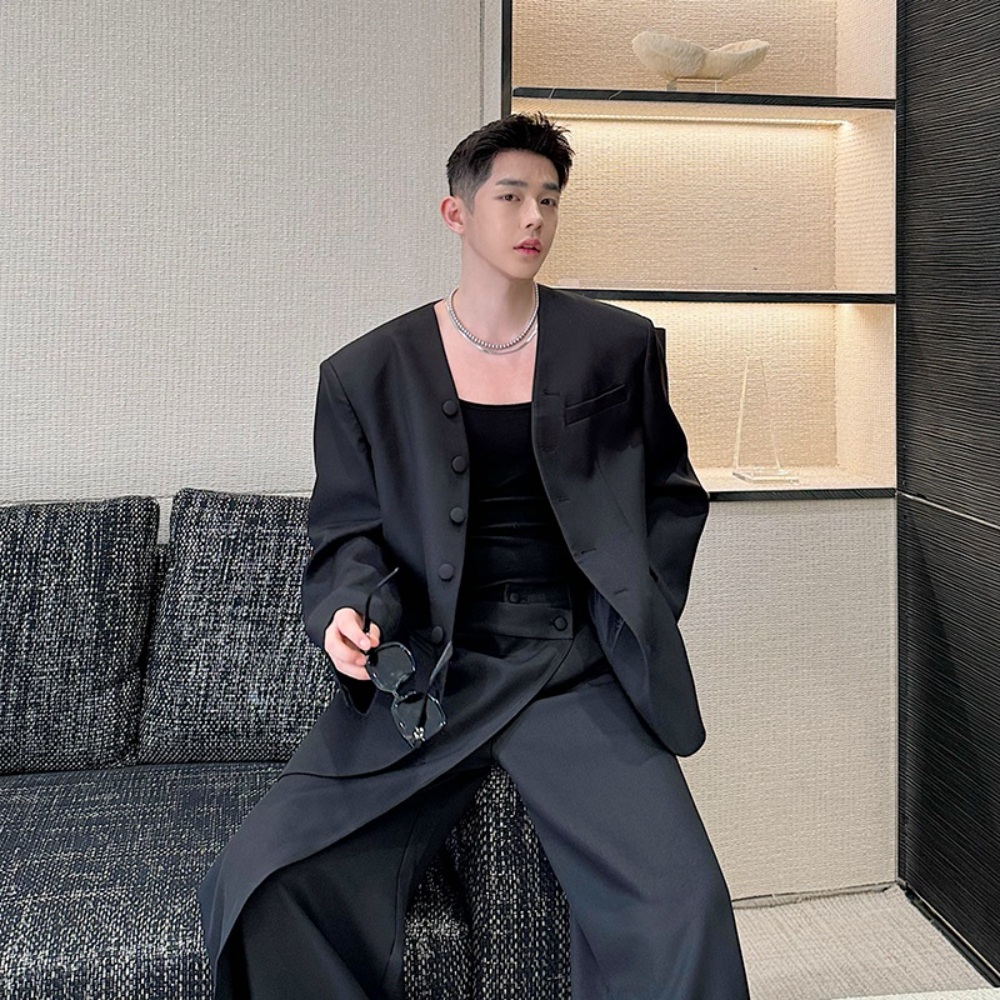 봄 남자 시크 댄디 훈남 하객 노카라 자켓 와이드 슬랙스 팬츠 코디 세트 셋업 캐주얼 정장 - 상세 이미지 5