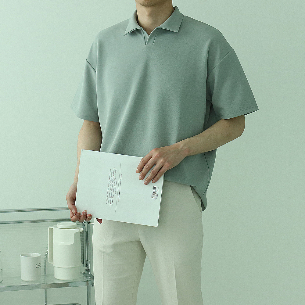 남자반팔카라티 오버핏 헨리넥 정장 남성 반팔티 이미지 3