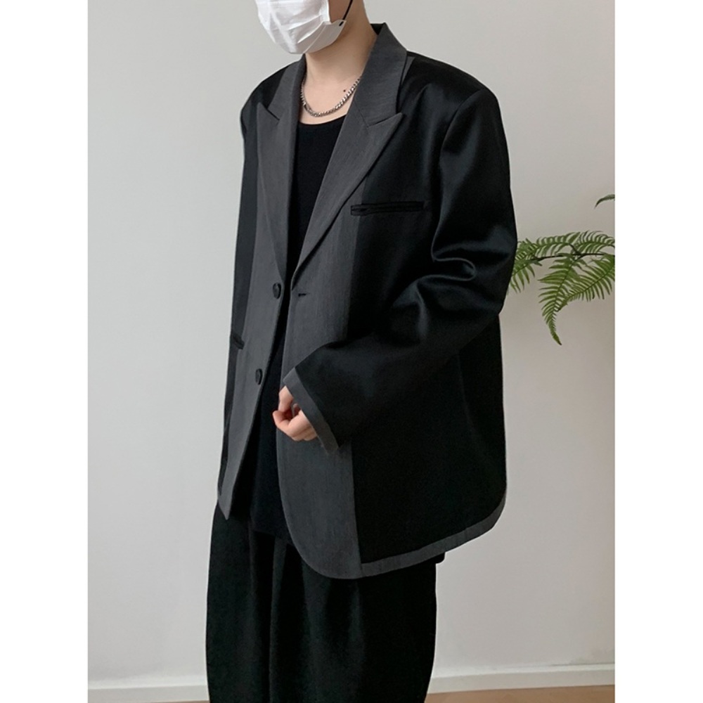 남자 유니크 그레이 블랙 배색 블레이저 루즈핏 자켓 캐주얼 정장 클래식 심플 무드 감성 - 상세 이미지 5