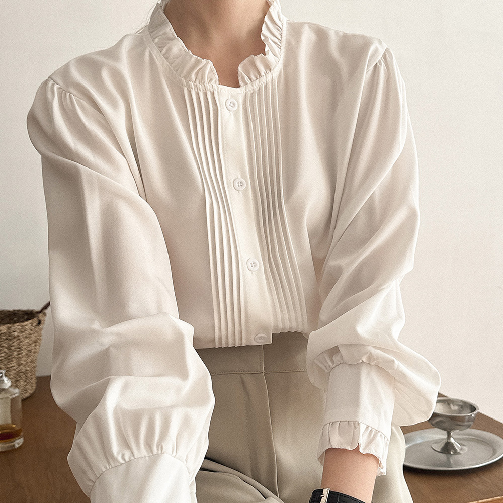 트렌디 핀턱 프릴넥 봄 블라우스 긴팔 퍼프 소매 블라우스 셔링 여성 흰색 블라우스 흰셔츠 - 상세 이미지 2