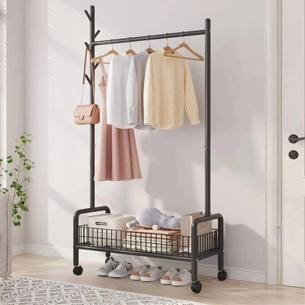 우아플레이스 철제 트롤리 이동식 행거 스탠드옷걸이 튼튼한 선반 90cm 2단