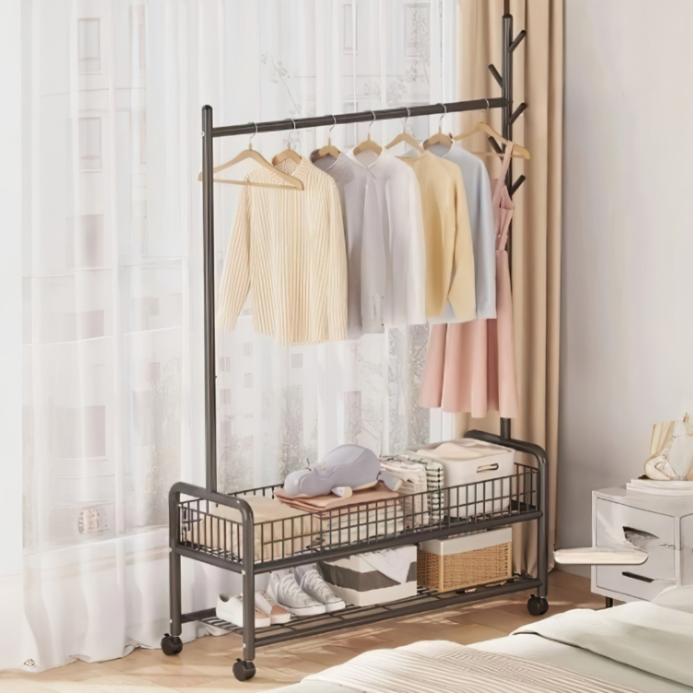 우아플레이스 철제 트롤리 이동식 행거 스탠드옷걸이 튼튼한 선반 90cm 2단