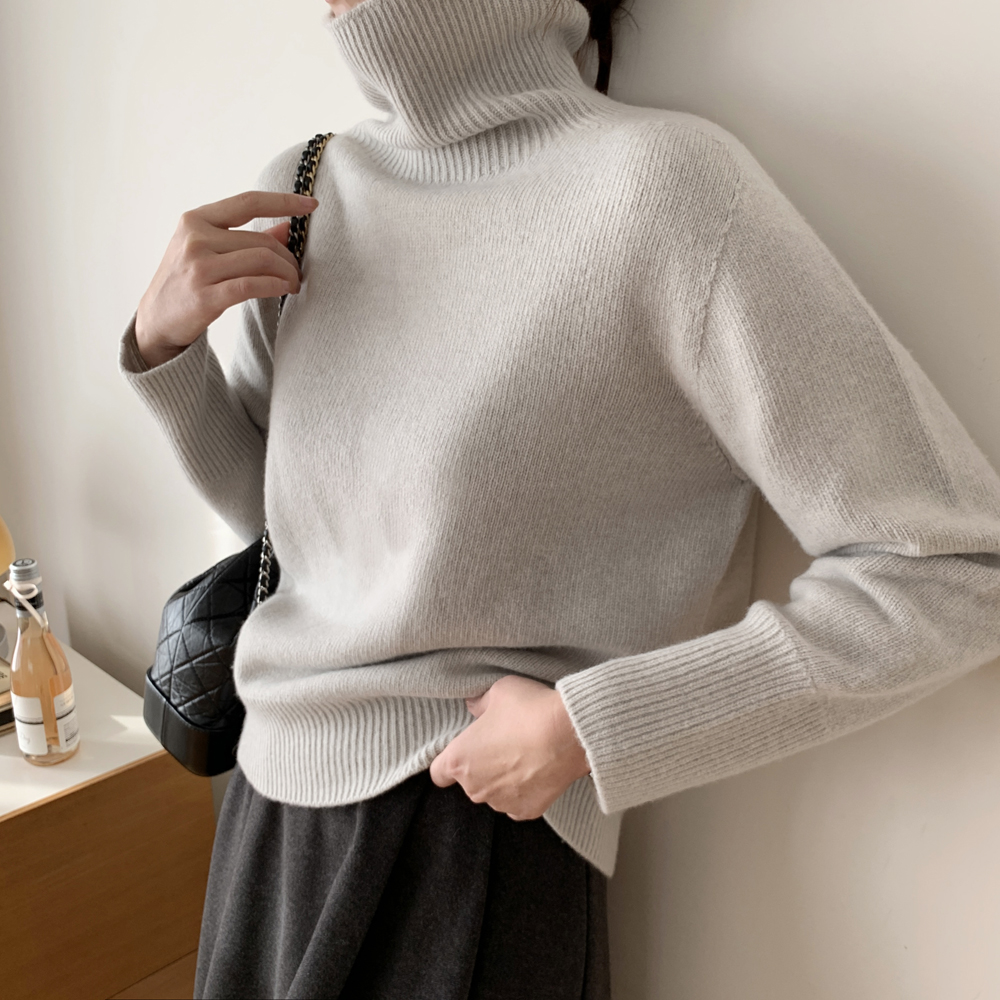 루즈핏 터틀넥 홀가먼트 니트 울 캐시미어 니트 겨울 여성 목폴라 니트 폴라 스웨터 그레이