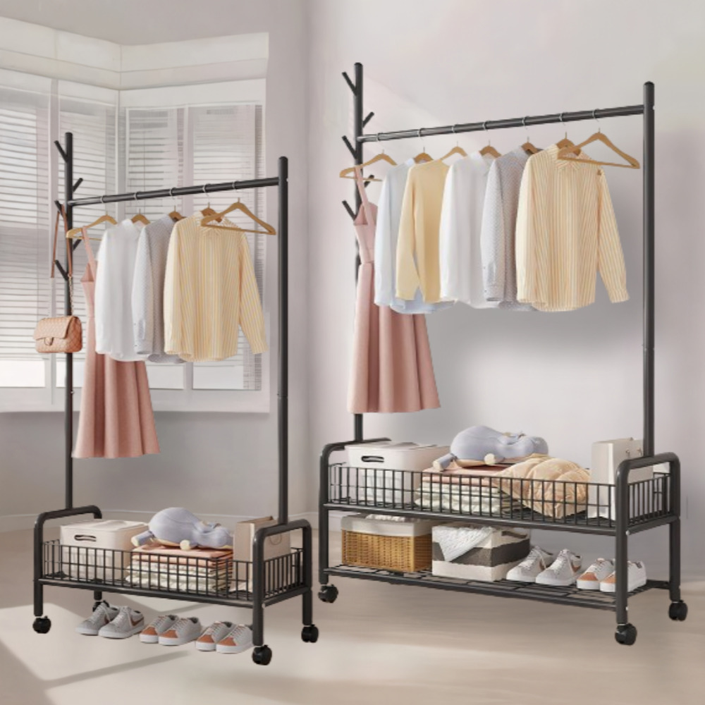 우아플레이스 철제 트롤리 이동식 행거 스탠드옷걸이 튼튼한 선반 90cm 2단