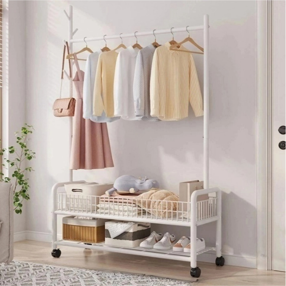우아플레이스 철제 트롤리 이동식 행거 스탠드옷걸이 튼튼한 선반 90cm 2단