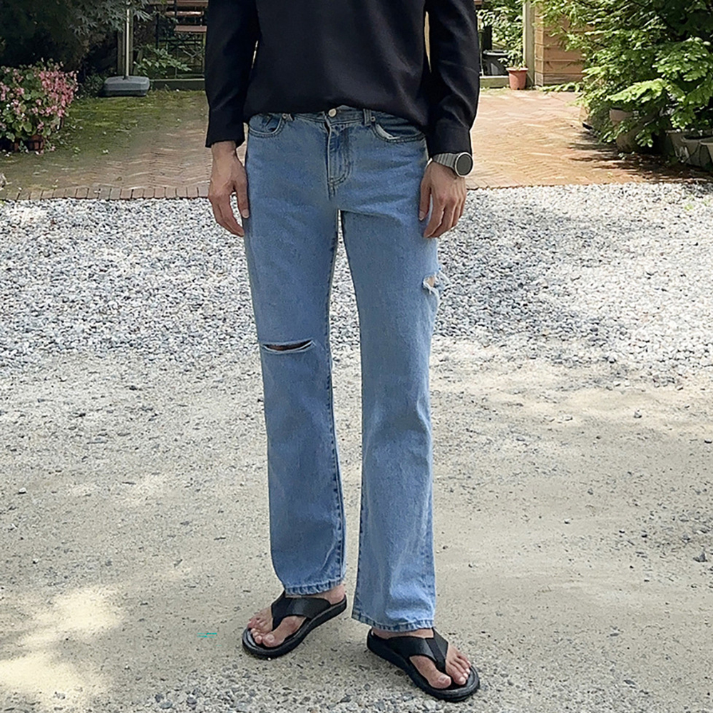 남자청바지 와이드팬츠 무파진 디스트로이드진 남성와이드청바지 이미지 1